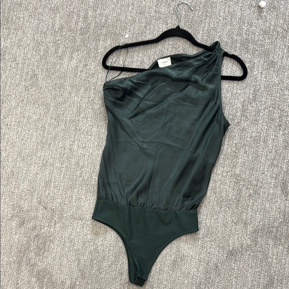 CAMI NYC One Shoulder Silk Bodysuit in Green
